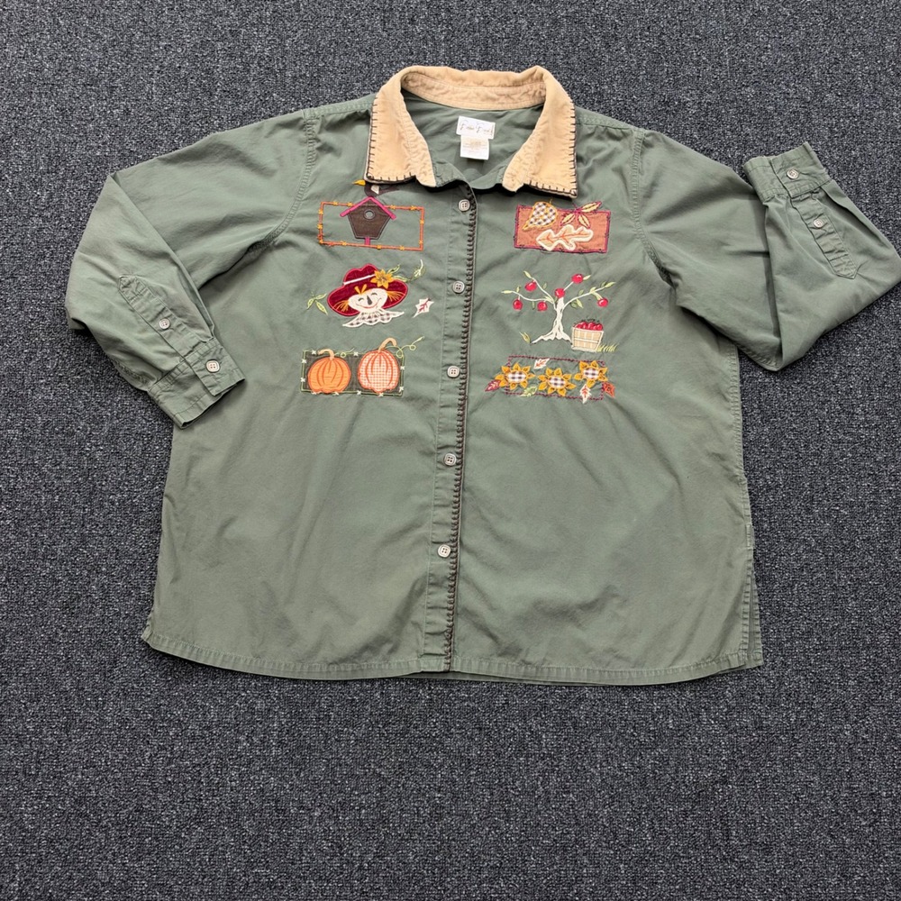 Bobbie Brooks Embroidered Fall Button Down Shirt Woman 18W/20W Green fair
